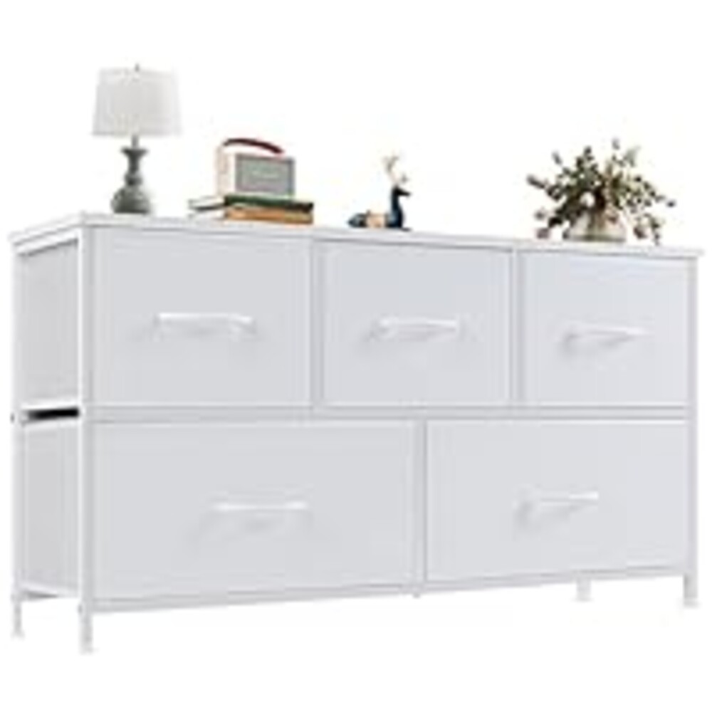 OLIXIS Dresser for Bedroom with 5 Drawers, Wide Chest of Drawers, Fabric Bedroom Dresser with Drawer Organizers, Storage Organizer Unit with Fabric Bins for Closet, Living Room, Hallway, Classic White