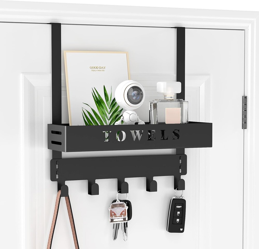 Over The Door Rack, Towel Hooks for Bathroom,Towel Hanger with Tray and 5 Hooks for Bedroom Kitchen(Black)