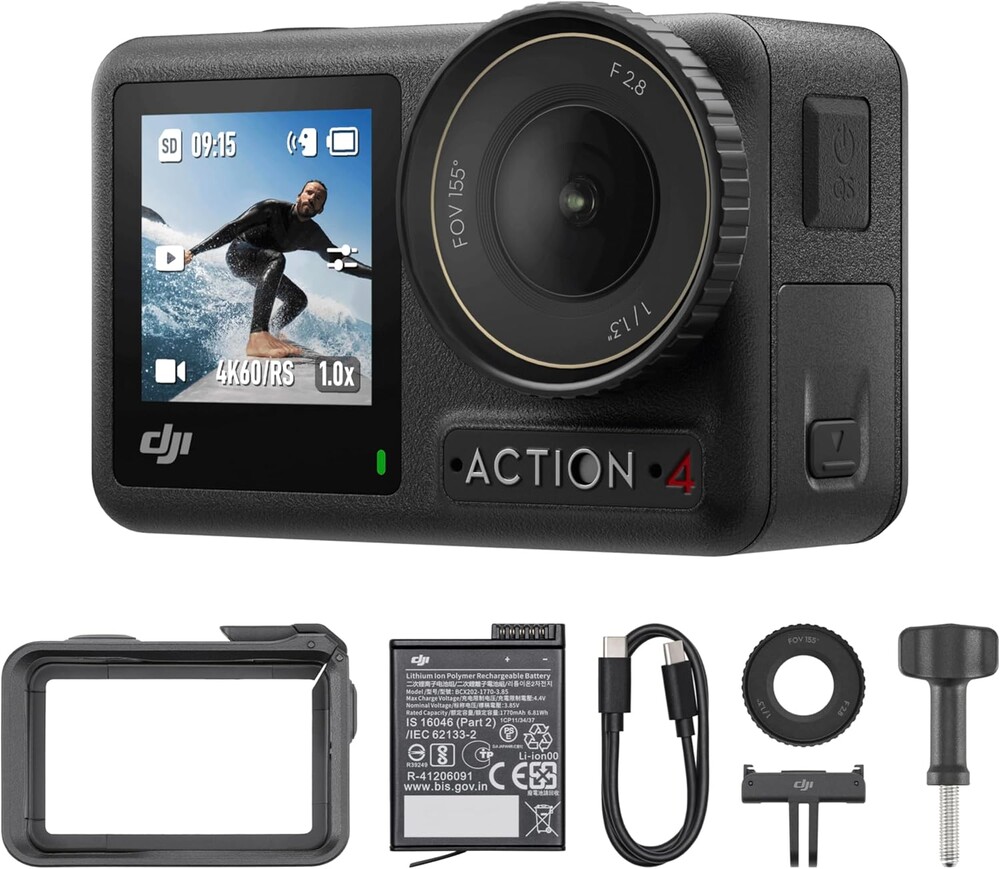 DJI Osmo Action 4 Essential Combo, 4K/120fps Waterproof Action Camera with a 1/1.3-Inch Sensor, Stunning Low-Light Imaging, 10-bit & D-Log M Color Performance, Long-Lasting 160 Mins, Outdoor Camera