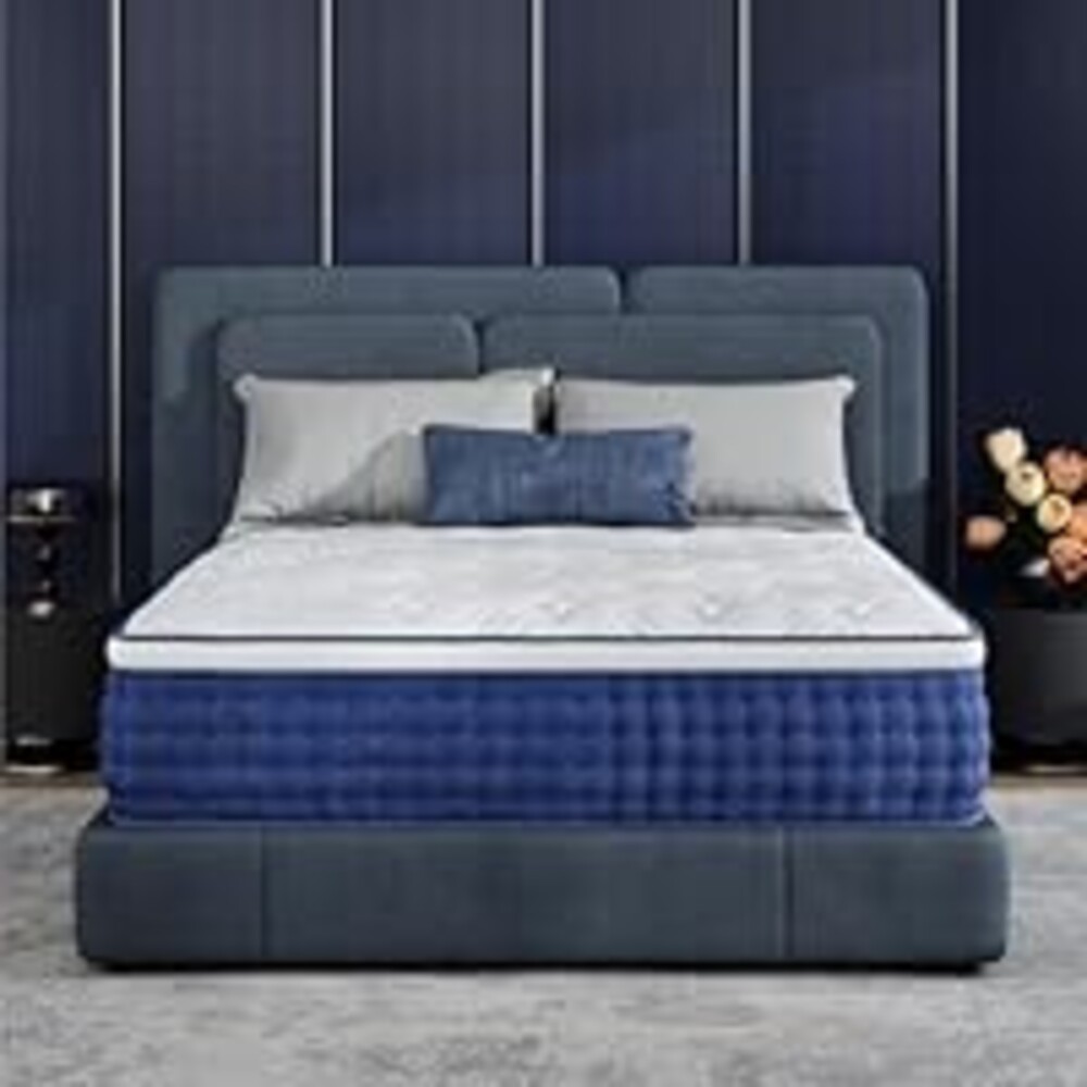 King Size Mattress, 12 Inch Hybrid Mattress King Size, Medium Feel Foam and Individual Pocket Springs, Extra Edge Support, Pressure Relief, CertiPUR-US, Blue