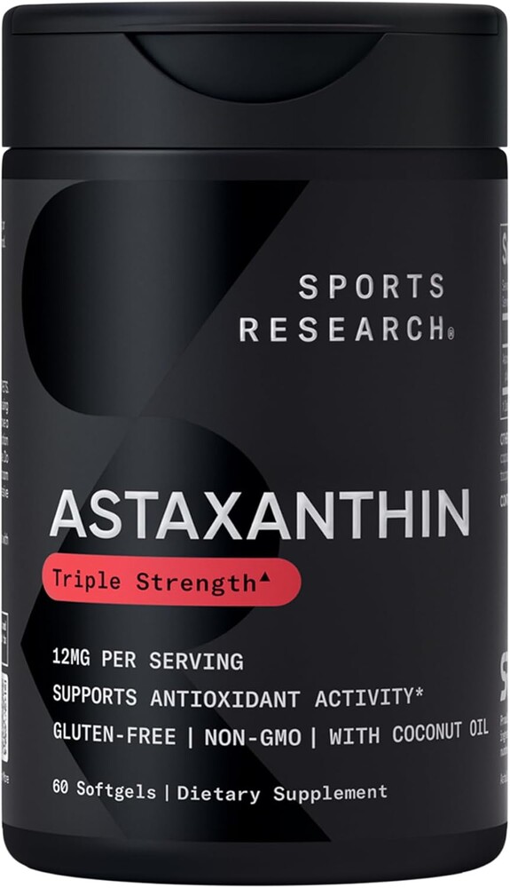 Sports Research Triple Strength Astaxanthin 12mg - Antioxidant Supplement for Skin & Eye Health Support - Soy Free, Non-GMO, Gluten Free - 60 Softgels