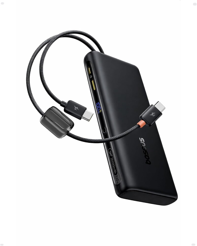 Baseus 100W Power Bank 20000mAh, Portable Laptop Charger with Built-in USB-C Dual Cables, Travel Essential PD QC Fast Charging for MacBook, iPad, iPhone 17/16, Samsung, Steam Deck, TSA-Approved