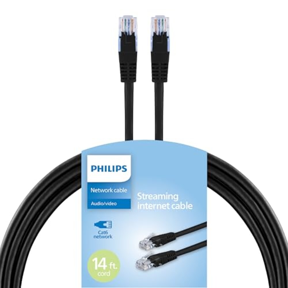 Philips Cat6 Ethernet Cable, Extra Long 14 Ft Cord, 10 Gbps, 250Mhz, RJ45M Connector, for Computer, Game Console, Cable/DSL Modem, Network Switch, Streaming Device, Black, SWR3153B/37