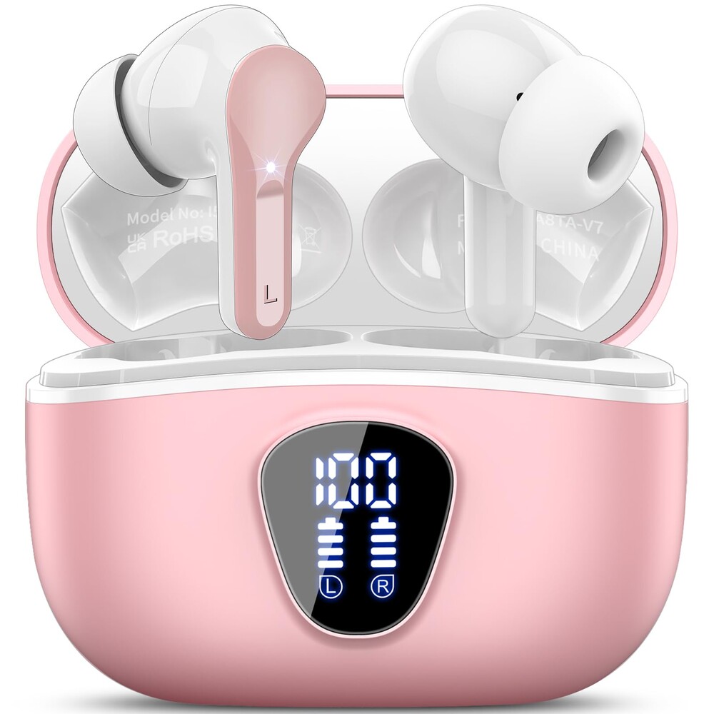 Wireless Earbuds, Bluetooth 5.4 Headphones HiFi Stereo, Bluetooth Earbuds with ENC Noise Cancelling Mic, IP7 Waterproof in Ear Earphones, 48H, LED Display Ear Buds for Pad Phones Workout Sports, Pink