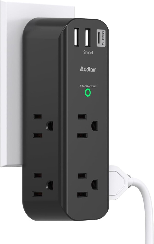 Surge Protector Outlet Extender - with Rotating Plug, 6 AC Multi Plug Outlet with 3 USB Ports, 1800J Wall Charger, 3-Sided Power Strip with Spaced Outlet Splitter for Home, Office, Travel （Black）