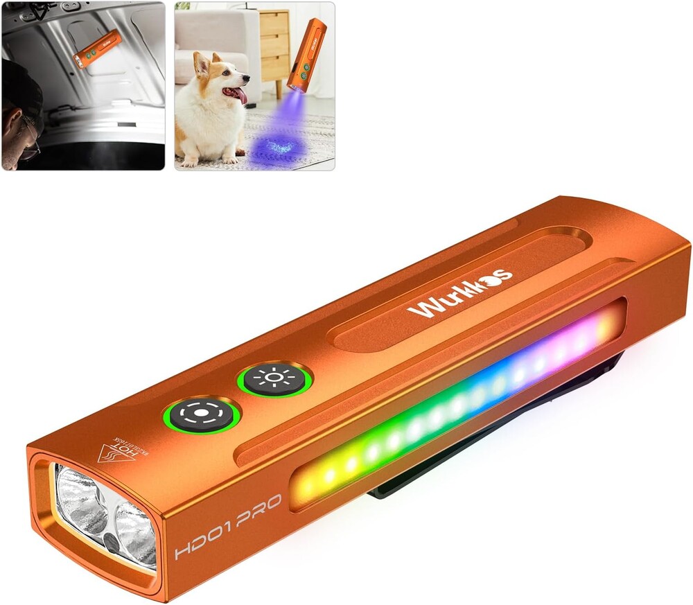 Wurkkos HD01PRO UV Flashlight with UV Light&White LED Combo,Led Flashlight 1200Lumens Flat Flashlight with RGB Light,Rechargeable EDC Flashlight,Pocket Light for Emergency,Pet Urine Detection(Orange)