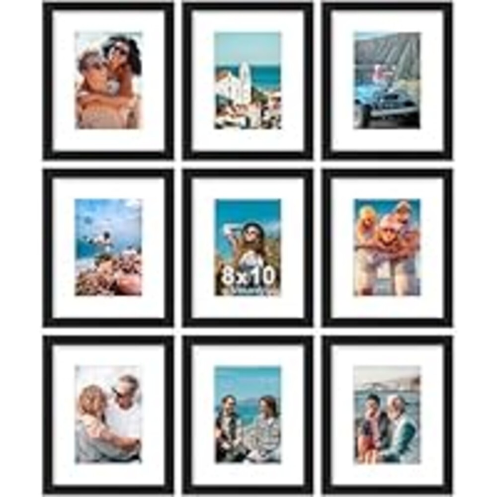Vittanly 8x10 Picture Frames Set of 9, Shatter Resistant Plexiglass, Display 5x7 Pictures with Mat or 8x10 without Mat, Photo Frames for Wall or Tabletop, Engineered Wood, Black