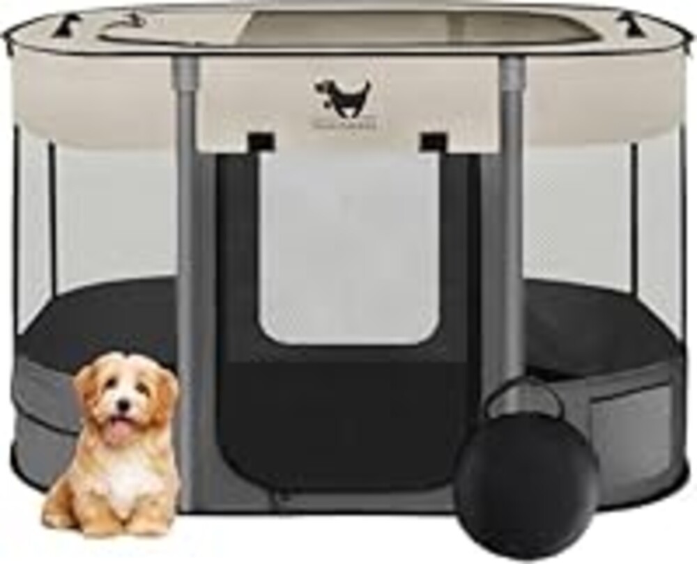 Rest-Eazzzy Dog Playpen, Foldable Kitten Playpen for Medium Dogs, Portable Pet Puppy Playpen with Removable Shade Cover, Indoor Outdoor Travel Camping Use for Small Pets with Carrying Case (S, Grey)