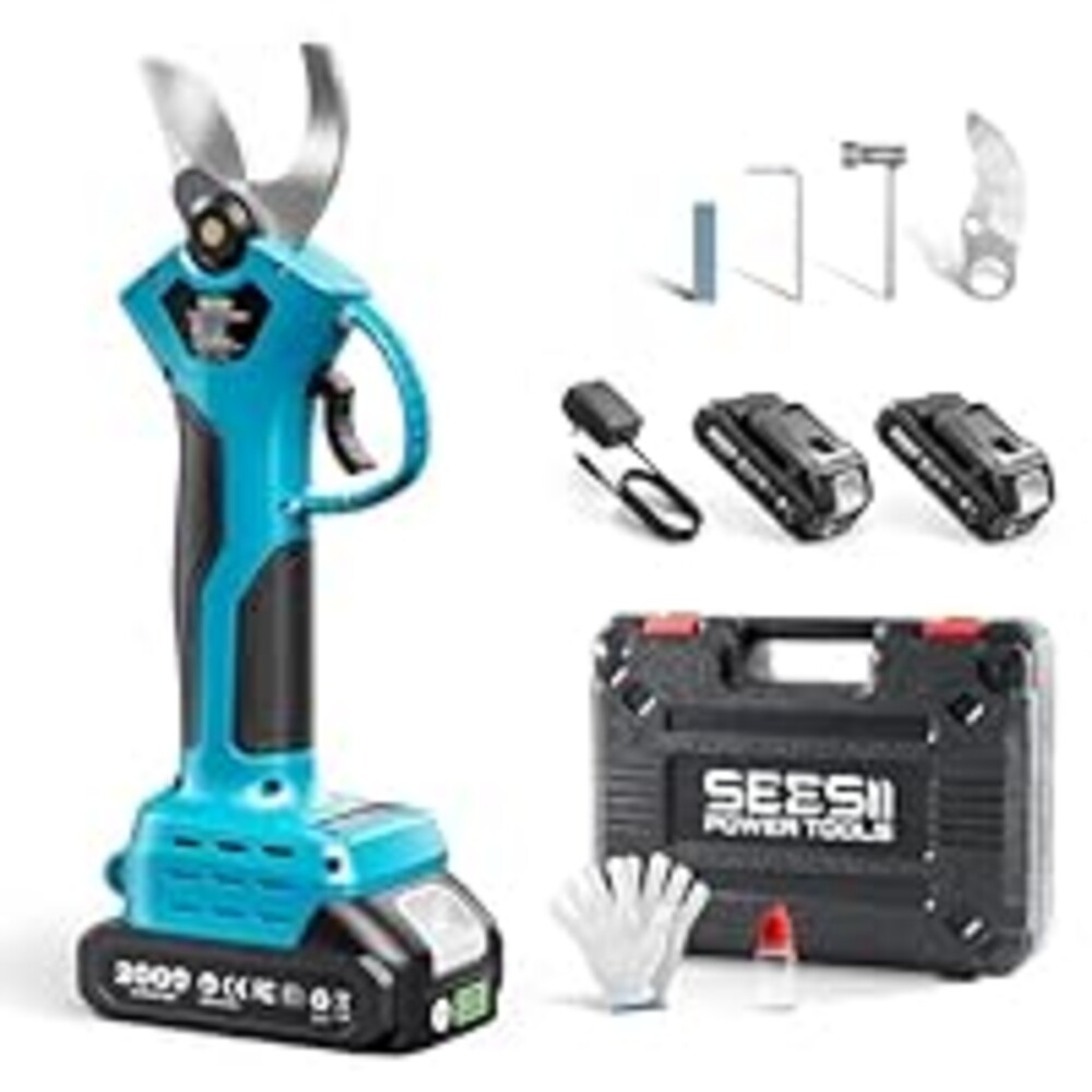 SEESII Electric Pruning Shears for Garden: 1.2" Cutting Diameter Cordless Power Pruner, 2*2000mAh Batteries, Brushless Motor, Extra SK5 Blade, 2 Modes Battery Powered Branch Cutter for Tree Trimming