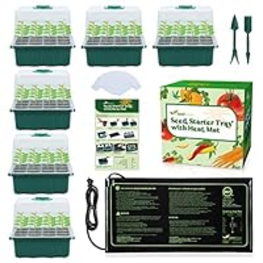 Seedfactor 7-Pack Seed Starter Tray with Heat Mat (12 Cells per Tray), Plant Germination Trays with Adjustable Humidity Dome Seed Trays Seedling Starter with Base Trays for Germination