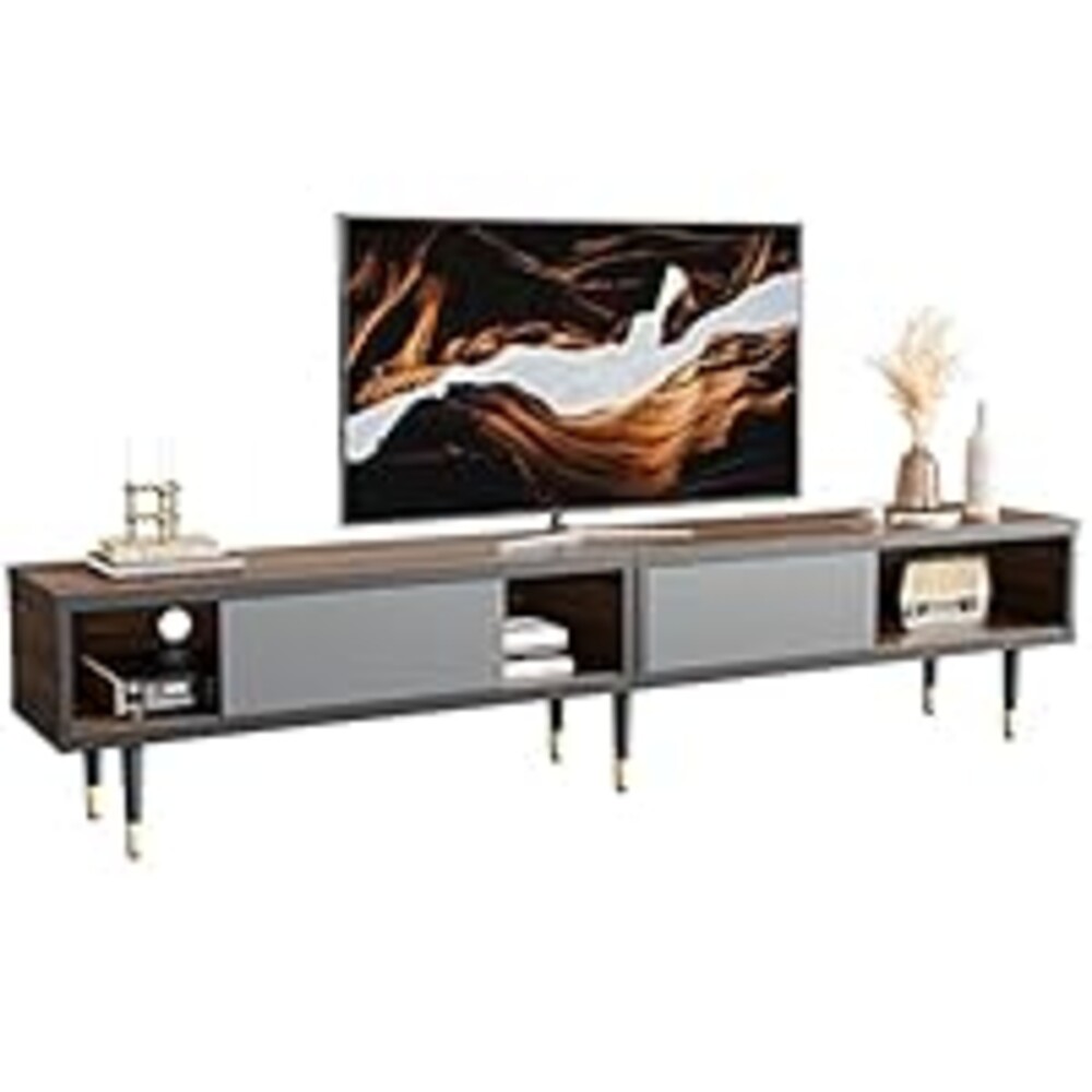 Bestier Mid Century Modern TV Stand for 85 inch tv, Entertainment Center with Storage and Sliding Doors, 2 in 1 Long TV Cabinet for Living Room, Ancona Walnut