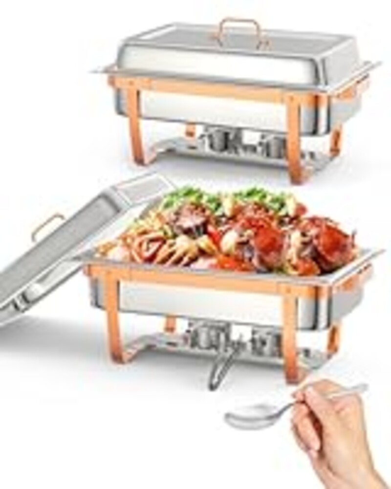 GarveeHome Chafing Dish Buffet Set, 8QT 2 Pack, Rectangle Chafing Dishes for Buffet w/Lid Holder, Stainless Steel Chafer Food Warmers Servers for Kitchen Party Banquet Dining, Rose Gold