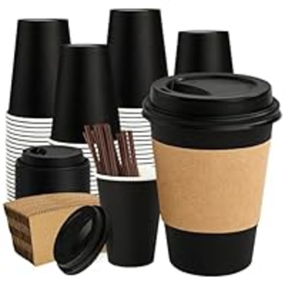 PACKINNO 12 oz 50 Pack Black Disposable Paper Coffee Cups with Lids, Sleeves and Straws, Disposable Hot Cups for Coffee, Tea, Cocoa, Water