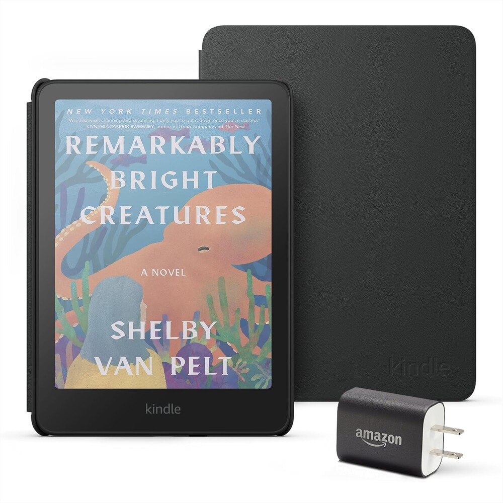 Amazon Kindle Colorsoft Essentials Bundle including Kindle Colorsoft (16 GB) – With color display - Black, Plant-Based Leather Cover-Black and Power Adapter
