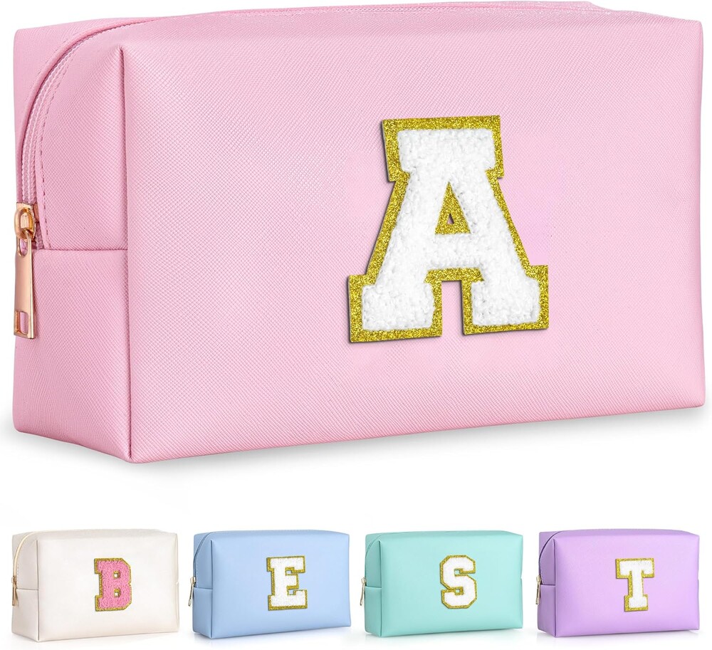 TOPEAST Easter Basket Stuffers Gifts for Kids Girls - Initial Makeup Bag, Birthday Gifts for 4 5 6 7 8 9 10 11 12 Year Old Teen Girls, Personalized Preppy Cosmetic Bags Toiletry Bag (Pink A)