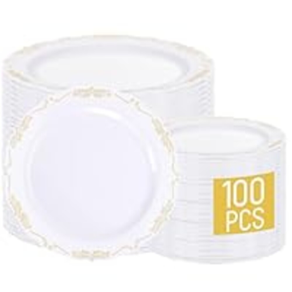 LIYH 100 Pcs White Gold Plastic Plates Disposable Heavy Duty Elegant White Party Plates with Gold Rim Include 50 Dinner Plate & 50 Dessert Plate for Wedding Party Birthday