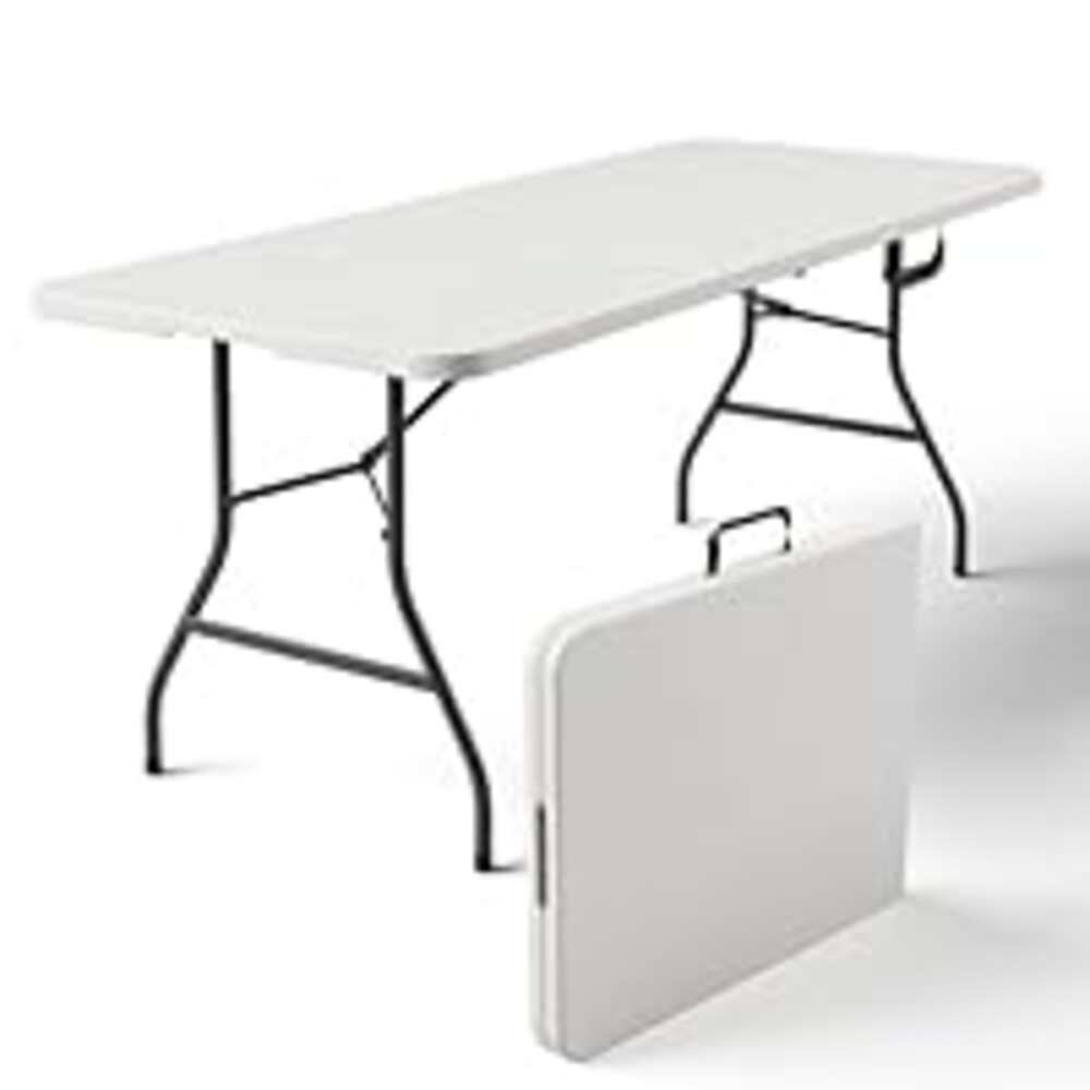 MAKE CHANGES Folding Table 6ft - Heavy Duty Plastic Table with Handle, Foldable & Portable, Fold-in-Half Utility Tables for Outdoor, Dining, Wedding, Events, Indoor, Picnic, Camping, Party (White)