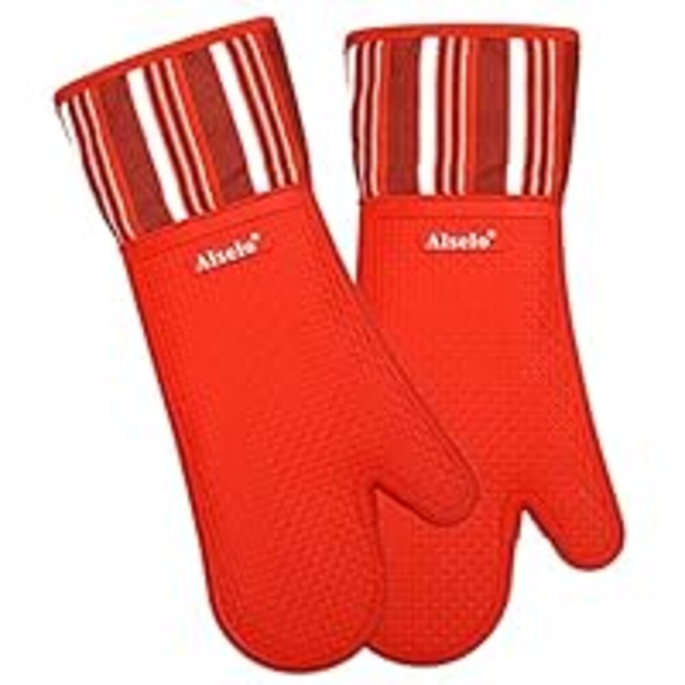 Alselo Silicone Oven Mitts Heat Resistant 550 Degree, Extra Long Kitchen Mittens with Non-Slip and Waterproof Pot Holders for Baking Cooking Barbecue Microwave Machine Washable(Extra Long red, 2)