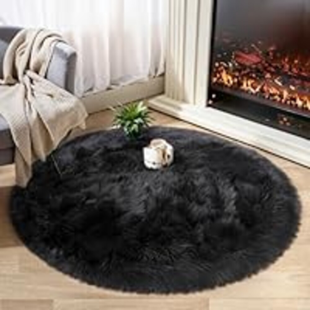 Ciicool Black Fluffy Round Fur Area Rug for Bedroom, Circle Faux Fur Rugs for Kids Room, Cute Fuzzy Nursery Carpet, Shaggy Circular Rugs Floor Carpets for Teens Girls Rooms Home Decor, 4 x 4 Feet