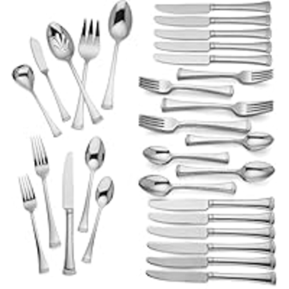 Lenox Silverware Set For 12, Portola 65-Piece Flatware Set with Serving Utensils, Service For 12, 18/10 Stainless Steel Flatware, Dishwasher Safe, Knives Spoons and Forks (Silver, 65 pieces)