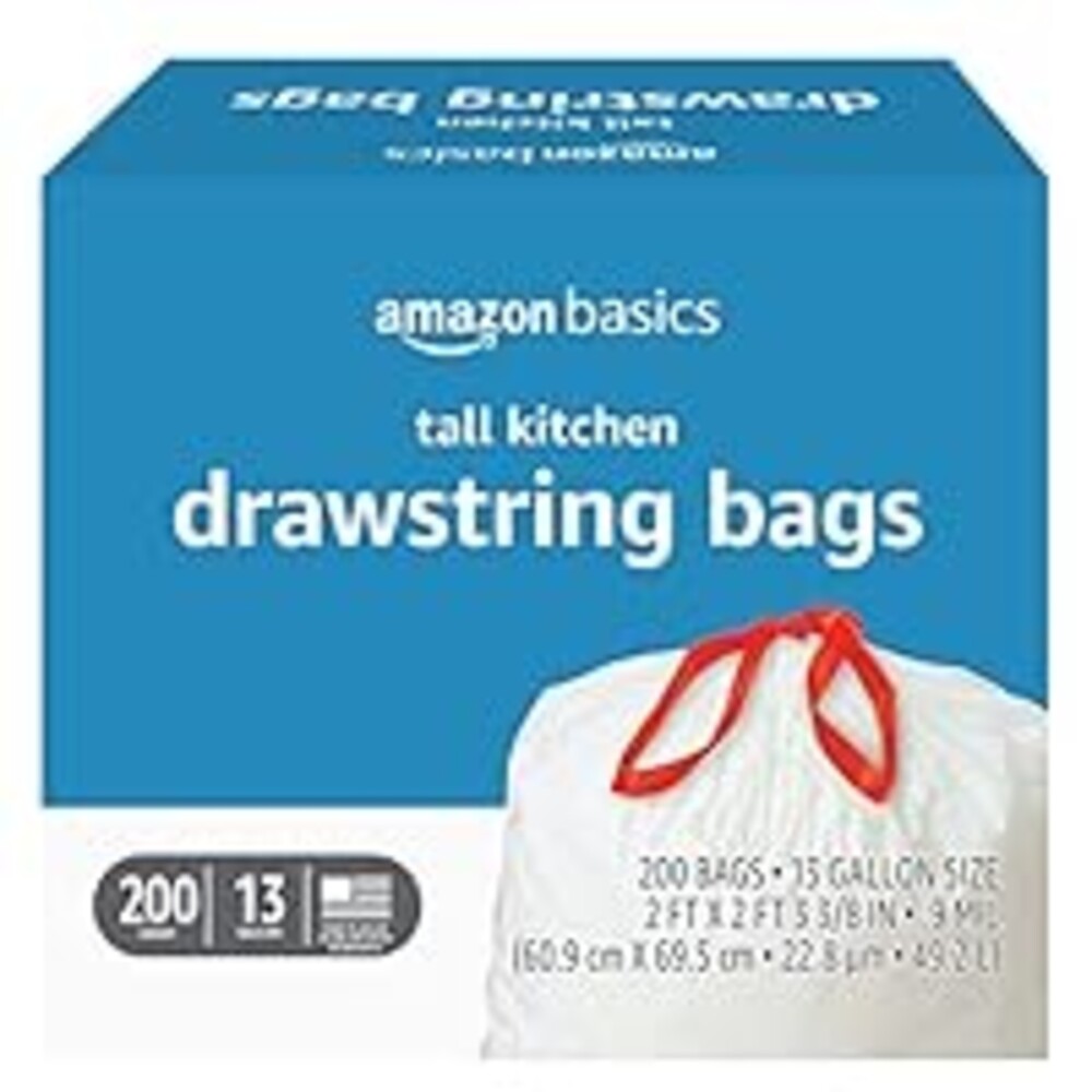 Amazon Basics Tall Kitchen Drawstring Trash Bags, Sturdy, 13 Gallon, Unscented, 200 Count
