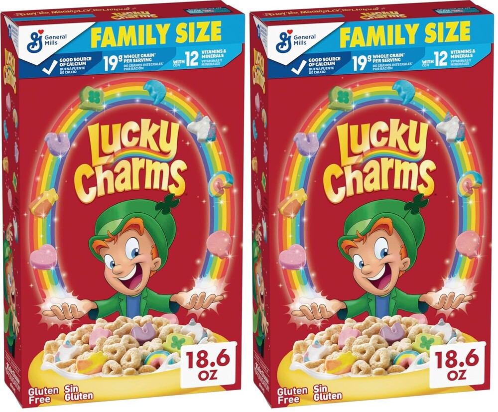 Lucky Charms Cereal with Marshmallows, Gluten Free Cereal Made with Whole Grain, Family Size, 18.6 oz (Pack of 2)