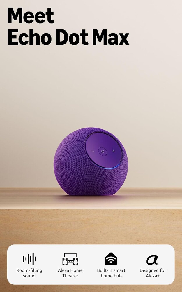 Amazon Echo Dot Max (newest model), Alexa speaker with room-filling sound and nearly 3x bass, Great for living rooms and medium-sized spaces, Designed for Alexa+, Amethyst