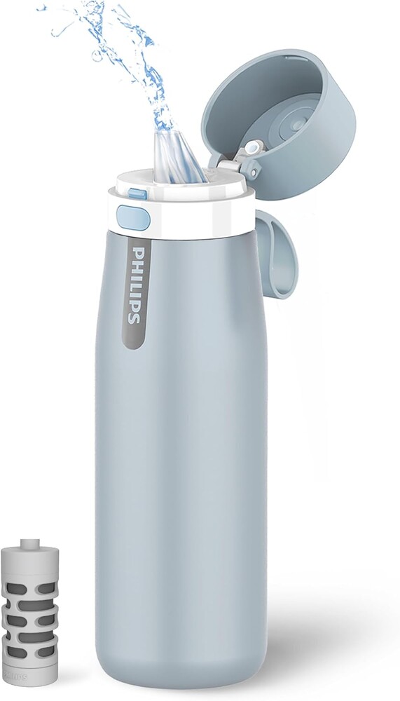 PHILIPS Water Bottle with Filter, Filter Water Bottle Stainless Steel with GoZero Everyday BPA-Free Tap Water Filter, Water Filter Bottle Keep Drink Cold 24 Hours, 1 Filter for 40 gal / 2 Months