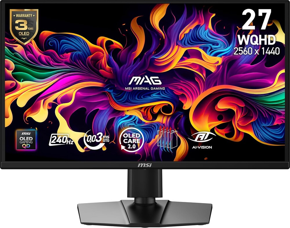 msi MAG 272QP QD-OLED X24 27-inch 2560 x 1440 (QHD) Gaming Monitor, 240Hz, Adaptive-Sync, HDMI, DisplayPort, VESA Mountable, Tilt, Height Adjustable, Speaker, 0.03ms, Black