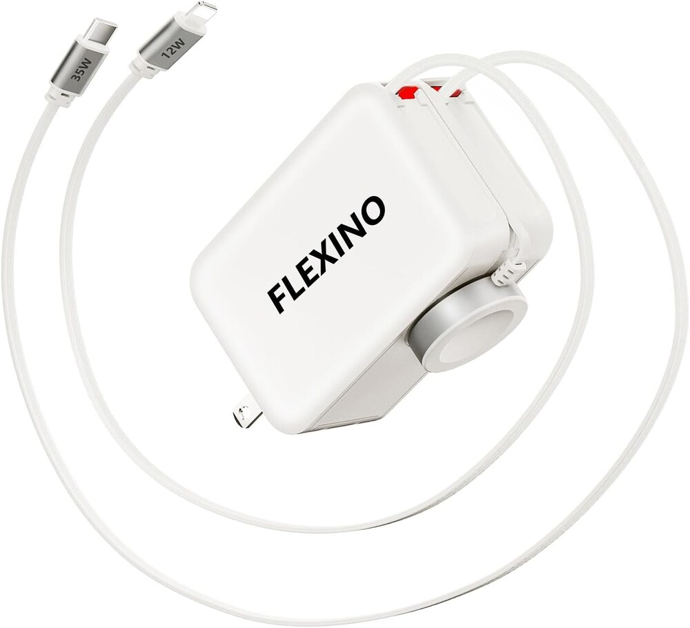 Flexino 5-in-1 Retractable Wall Charger with Apple Watch Charging, Foldable Plug Charger with 3.28ft Retractable Cable for iPhone 17/16/15/14 Pro Max, iPad & Wireless Earbuds (White)