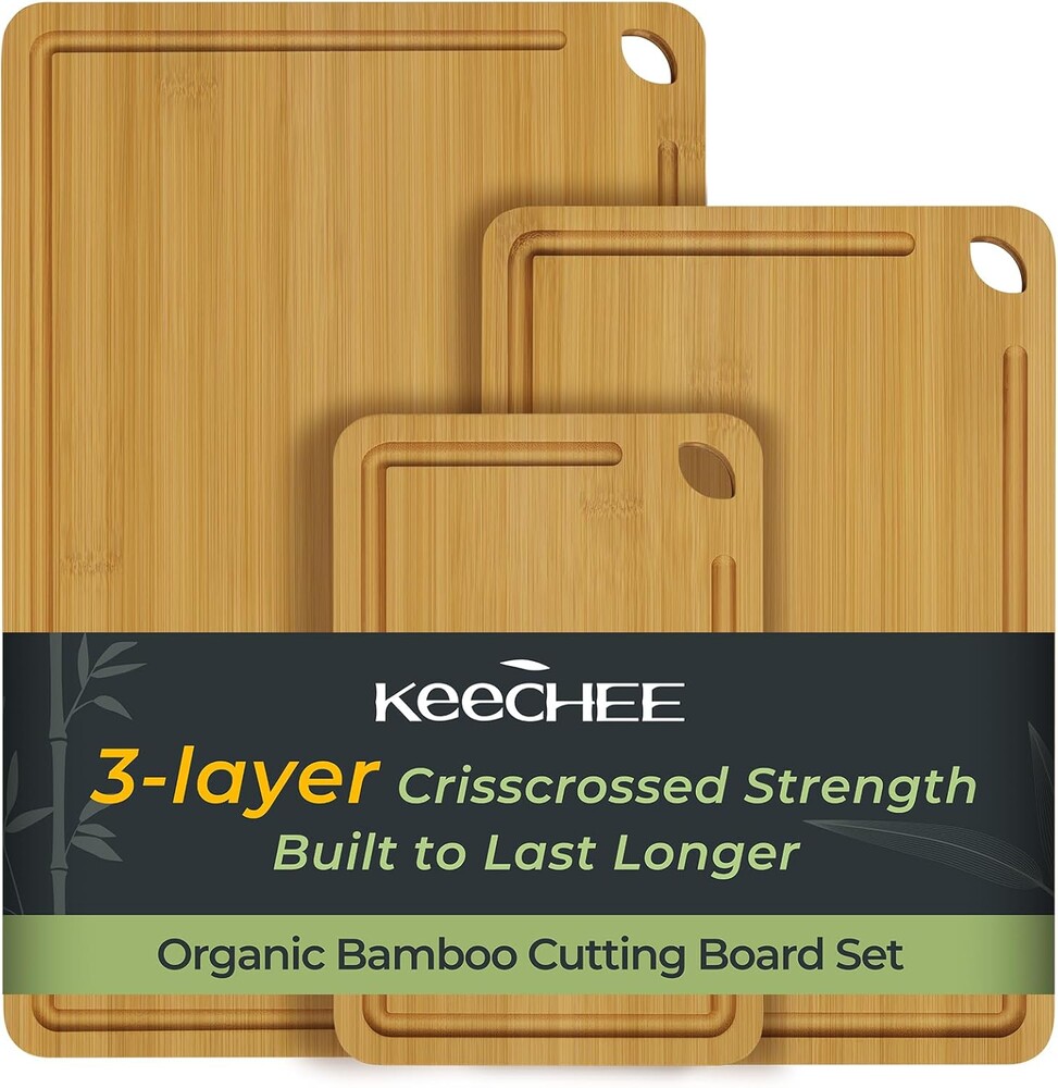 Keechee Wood Cutting Board for Kitchen - Reversible Bamboo Cutting Boards Gift Set of 3 with Juice Groove, Wooden Chopping Board for Meat, Fruit, Vegetables & Cheese (Pre Oiled, Natural)