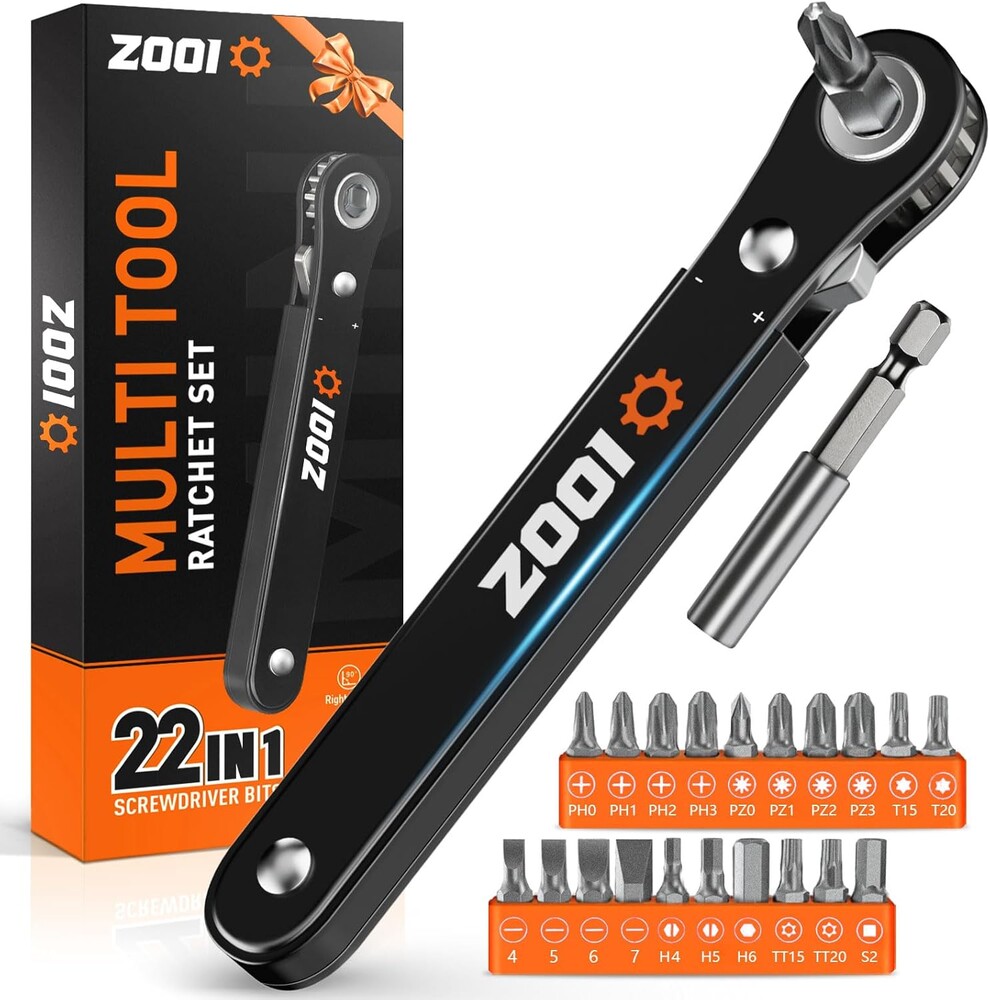 ZOOI 22 In 1 Ratchet Screwdriver Set, EDC Gear Tool Pocket Ratcheting Screwdriver, Mens Dad Gifts for Men Dad Him, 90 Degree Right Angle Screwdrivers, Tight Spaces Mini Ratchet Set