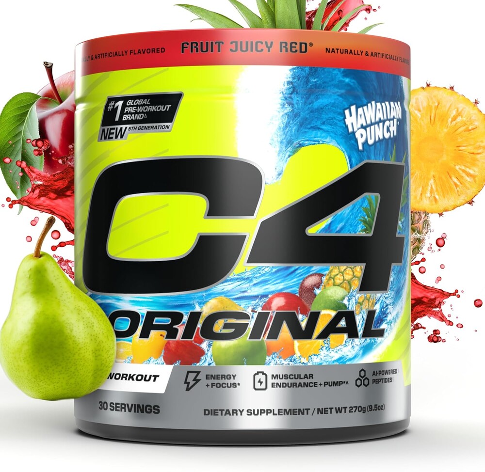 C4 Original Pre Workout Powder Sugar Free for Men & Women 200mg Caffeine + CarnoSyn Beta-Alanine + Creatine + AI Peptides - Hawaiian Punch, 30 Servings