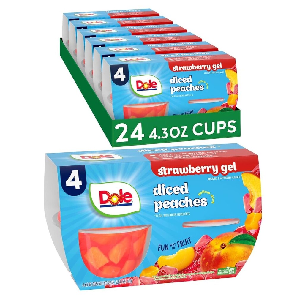 Dole Fruit Bowls Peaches in Strawberry Flavored Gel Snacks, 4.3oz 24 Total Cups, Gluten & Dairy Free, Bulk Lunch Snacks for Kids & Adults