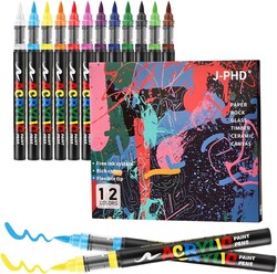 Acrylic Paint Markers | 12 Colors Brush Tip | Washable Coloring Marker | Drawing Pen on Paper, Wood, Canvas | Erasable on Glass | DIY Crafts Back-to-school Art Supplies