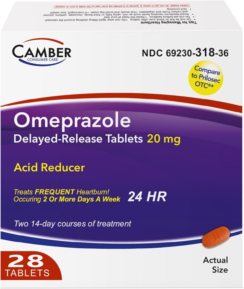 Camber Omeprazole 20mg Delayed-Release Tablets, Heartburn and Acid Reducer Reflux Medicine 28 Tablets