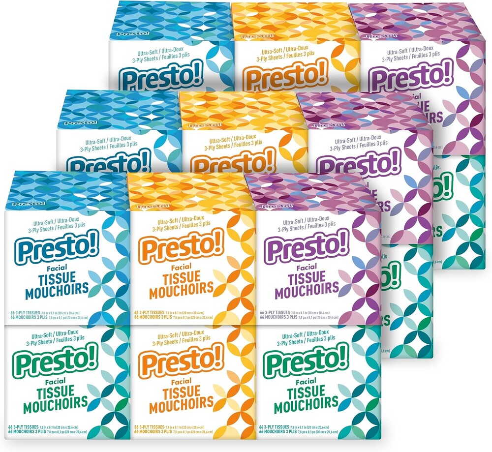 Amazon Brand - Presto! Ultra-Soft 3-Ply Premium Facial Tissues, Colorful Boxes, 1188 Count (18 Packs of 66), (Packaging May Vary)