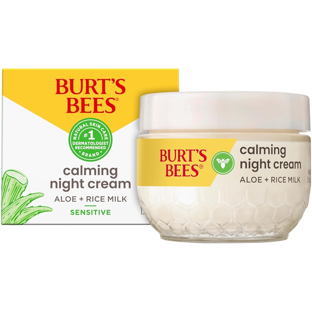 Burt's Bees Calming Night Cream, With Aloe and Rice Milk, Face Moisturizer For Sensitive Skin Infuses Skin With Moisture While You Sleep, 98.8 Percent Natural Origin, 1.8 oz. Tub