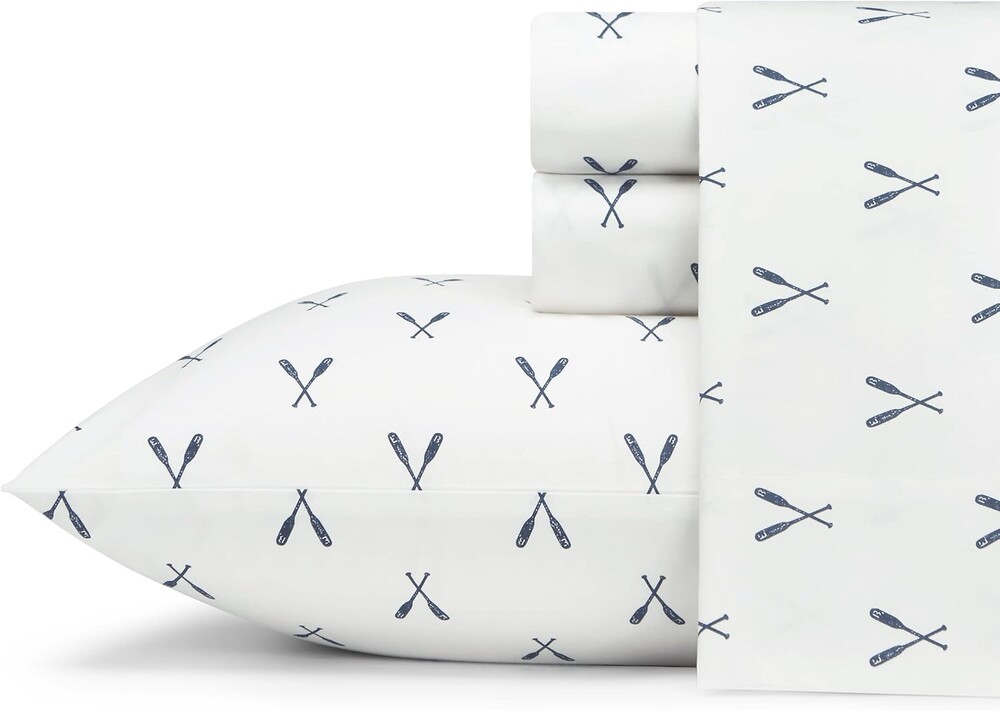 Eddie Bauer - Twin Sheet Set, Cotton Percale Bed Sheets, Crisp & Cool, Ideal Dorm Essentials (Eddies Oar White, Twin)