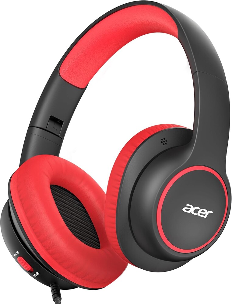 acer Kids Headphones Wired for School - Over Ear Design, 85/94dB Safe Volume Limit, 3.5mm Jack Foldable Headphones for Toddler Boys Girls Classroom Yoto Player Chromebook Travel Black Red