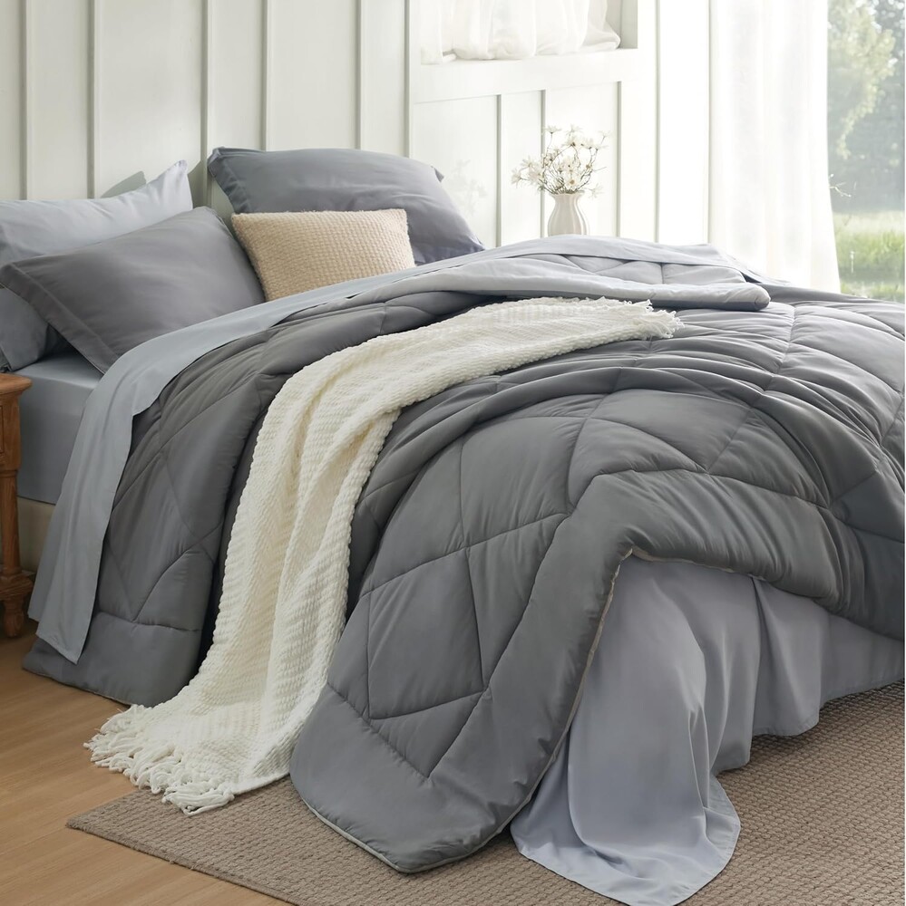 Bedsure Queen Comforter Set - 7 Pieces Reversible Grey Bedding, GentleSoft™ Queen Size Bed Set Gift for Family, Bed in a Bag with Warm Down Alternative Comforter, Sheets, Pillowcases & Shams
