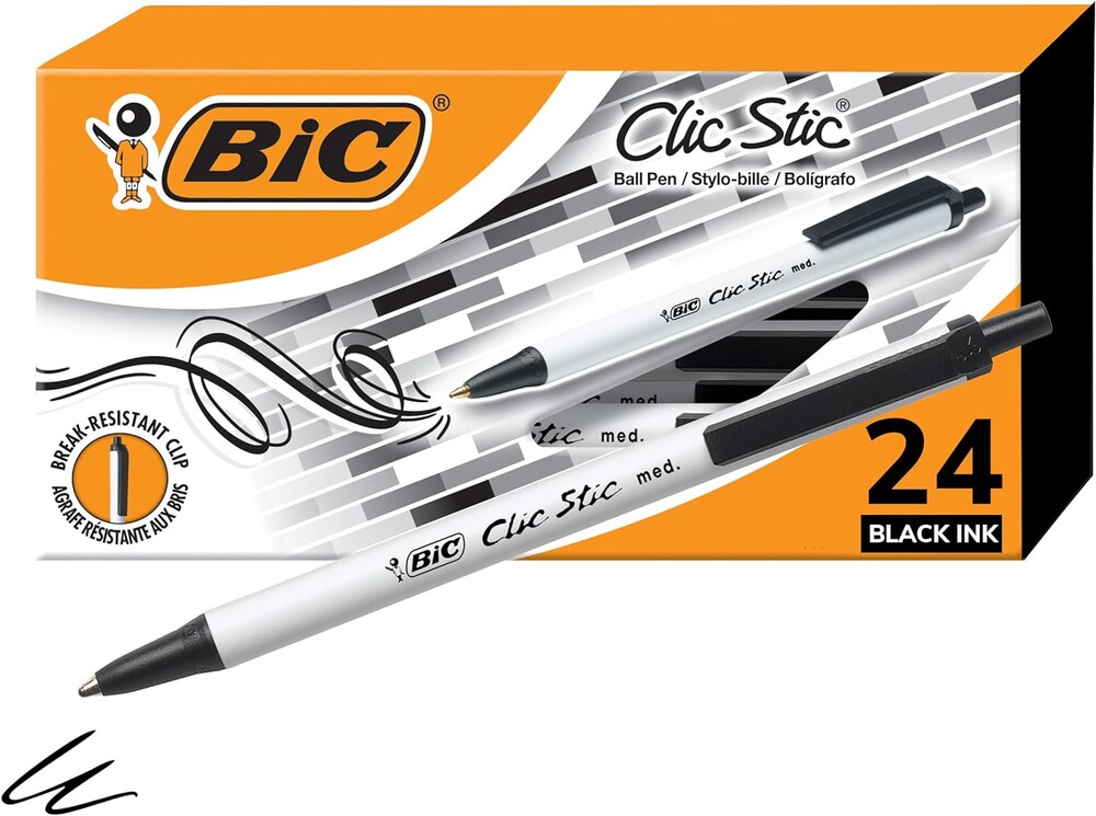 BIC Clic Stic Black Retractable Ballpoint Pens, Medium Point (1.0mm), 24-Count Pack, Round Barrel Design for Comfortable Writing