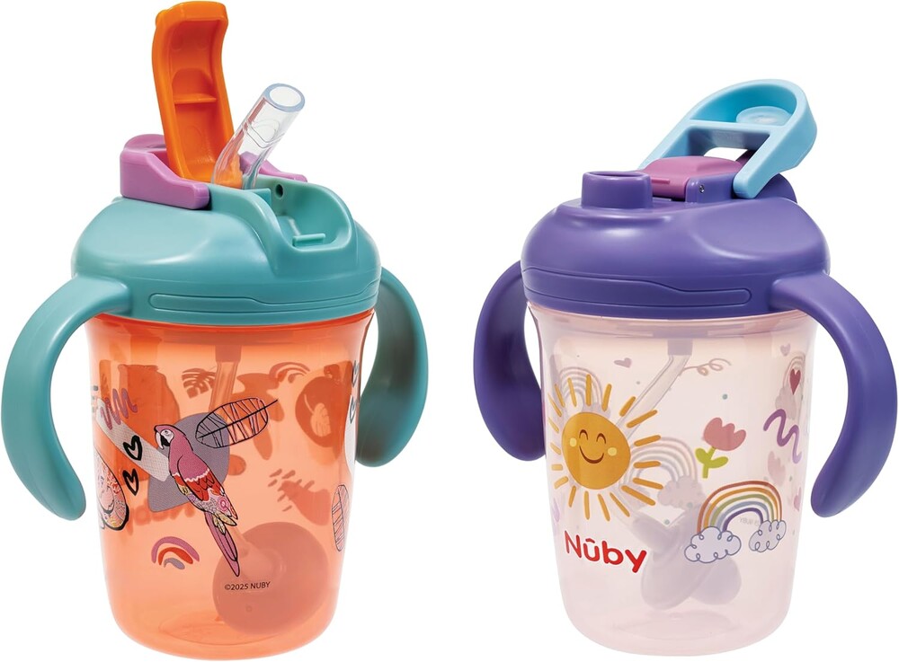 Nuby 2-in-1 Toddler Cup with 360° Weighted Straw & Hard Spout - (2 Pack) 8 oz - Leak-Resistant & Easy Grip Handles - Dishwasher Safe - Tiger/Rainbows
