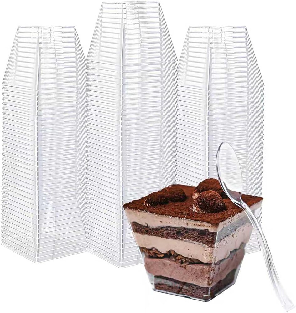 50 Pack 4oz Mini Dessert Cups with Soopns, Clear Square Dessert Bowls Small Plastic Parfait Cups Appetizer Cups for Wedding Party