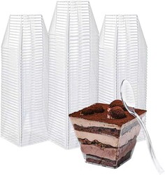 50 Pack 4oz Mini Dessert Cups with Soopns, Clear Square Dessert Bowls Small Plastic Parfait Cups Appetizer Cups for Wedding Party