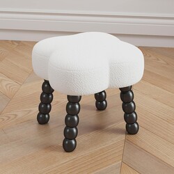 White Ottoman, Small Footrest with Storage Space, Unique Shaped Ottoman with Wood Legs，Faux Teddy Fur(Clover-White)