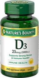 Nature's Bounty Vitamin D3 1000 IU Softgels, Immune Support, Promotes Healthy Bones, 1 Softgel per Day, Gluten Free, 350 Count