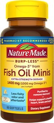 Nature Made Extra Strength Burp Less Fish Oil Omega 3 Supplements 1400 mg Minis, Omega 3 Fish Oil as Ethyl Esters for Healthy Heart Brain Eyes Support, 60 Softgels, 30 Day Supply