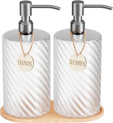 18Oz Spiral Stripe Soap Dispenser Set - Silver Stainless Steel Pump with Wood Tray, Refillable for Kitchen Sink & Bathroom Vanity, Dish Liquid & Hand Soap Storage Solution