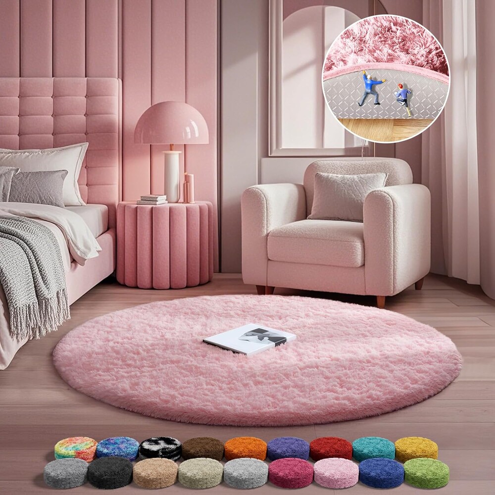 Ophanie Pink Round Rug for Bedroom Girls, Kids Fluffy Kawaii Fuzzy Shag Circle Circular Area Rugs, Cute Plush Christmas Small Carpet 3.6Ft, for Teen Baby Nursery Home Living Room Dorm Decor Aesthetic